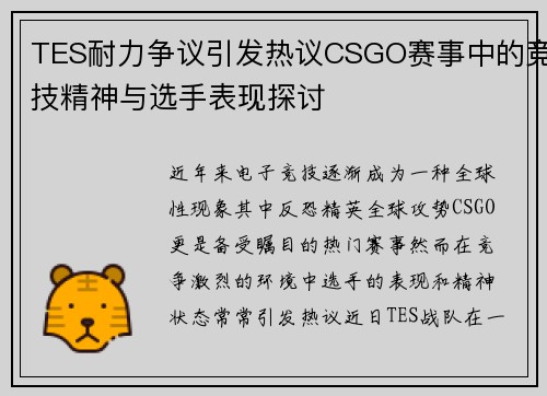 TES耐力争议引发热议CSGO赛事中的竞技精神与选手表现探讨